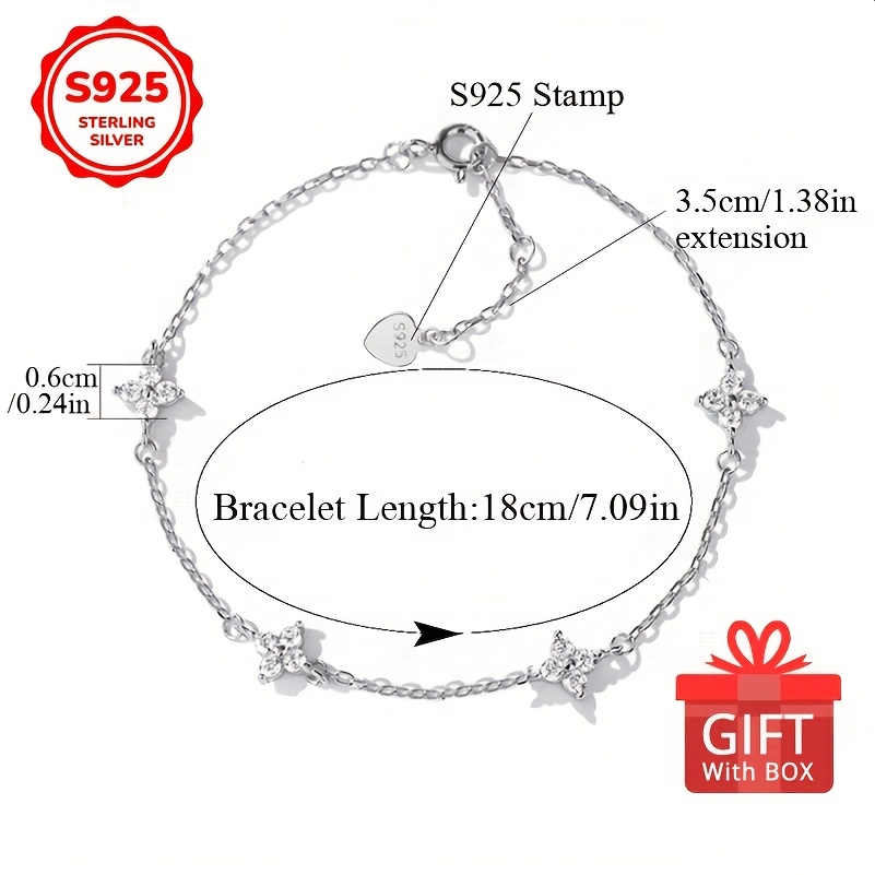 Four Leaf Clover 925 Silver Bracelet with Zirconia for Girlfriend